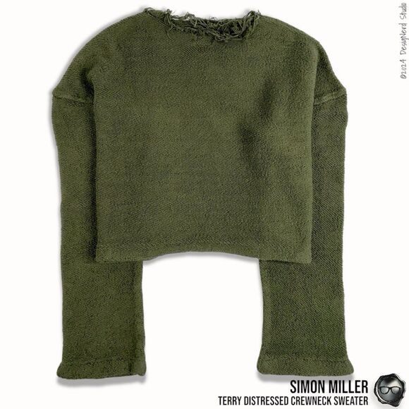 SIMON MILLER DISTRESSED CREWNECK SWEATER IN MOSS GREEN TERRY CLOTH 2016 OVERSIZE - Picture 1 of 15